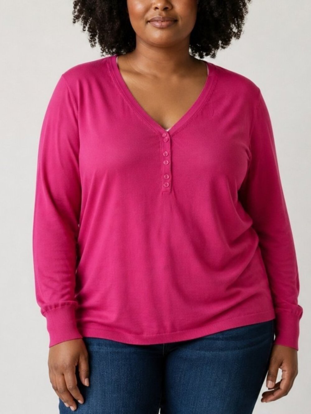 Lane Bryant Women's 14/16 Fuchsia Cotton Lightweight Henley Sweater